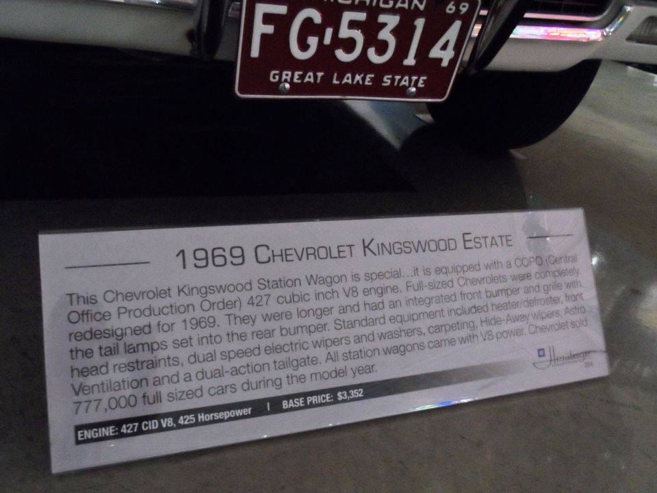 Museum placard describing a 1969 Chevrolet Kingswood Estate with license plate FG-5314
