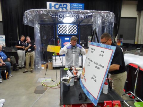 1971 Ford Ranchero - A demonstration booth is set up with individuals in protective gear, and a sign detailing cost savings and year-end figures.