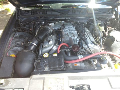 2000 Mercury Grand Marquis - The engine bay of a 2000 Mercury Grand Marquis is visible, a prominent supercharger and various engine parts.