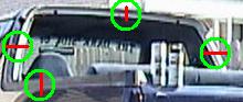 1989 Ford Bronco - Low-resolution close-up of the upper windshield frame and roofline of a vehicle, marked with red and green circles annotating cut points ar…