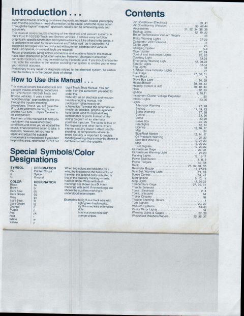 1979 Ford Bronco - Table of contents lists sections like Introduction, How to Use This Manual, and Special Symbols/Color Designations.