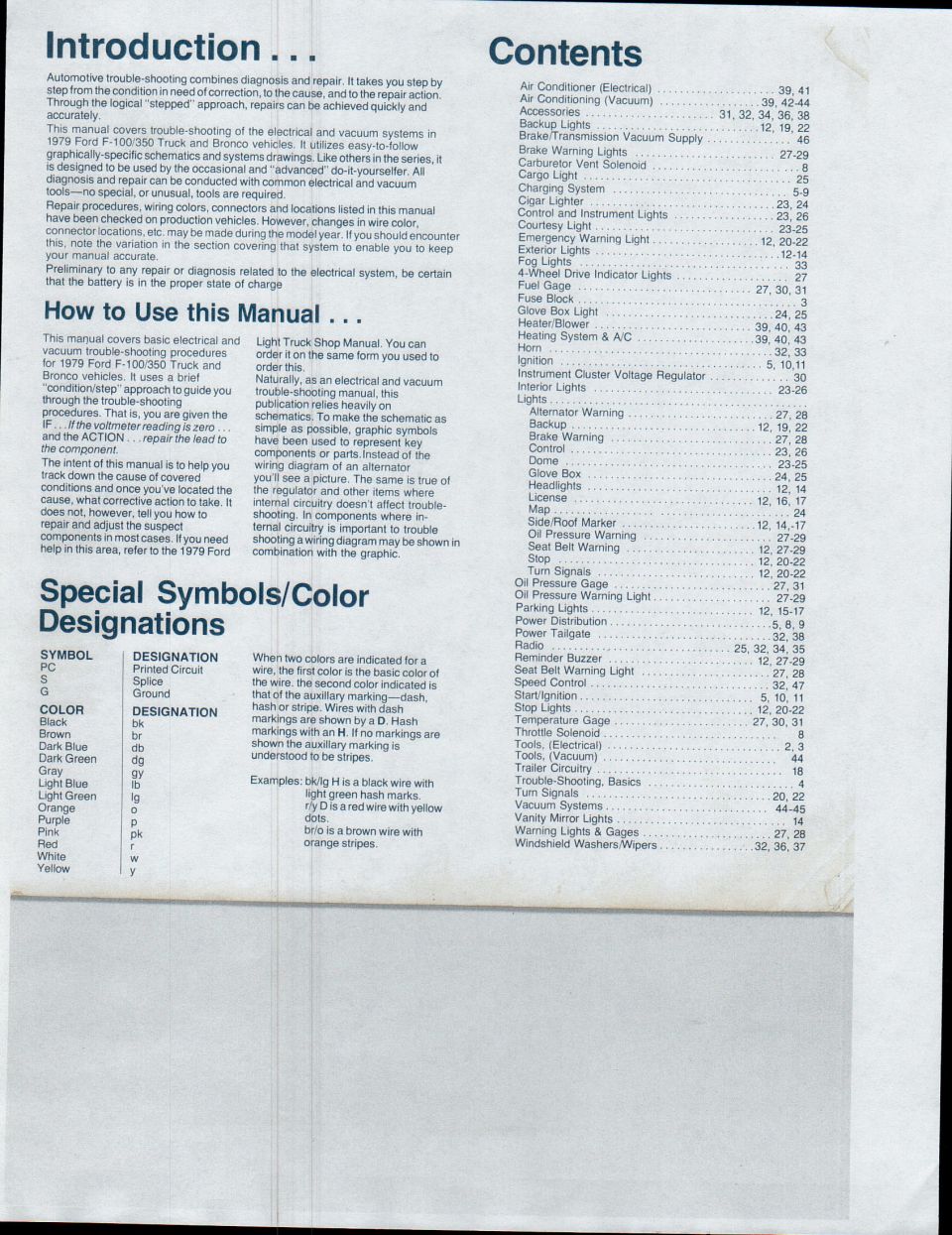 1979 Ford F-100/350 Truck and Bronco electrical & vacuum troubleshooting manual introduction and symbol legend