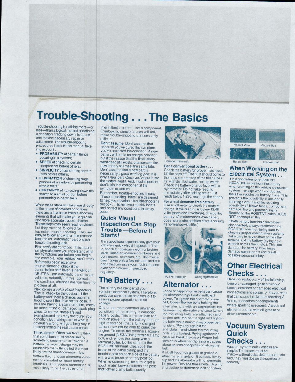 Troubleshooting the Basics manual page: battery, alternator and vacuum system quick checks