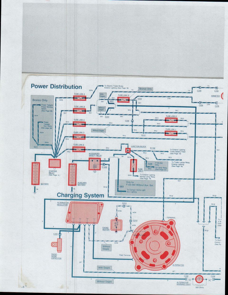 1979 Bronco/F-series power distribution and charging system wiring schematic with fuse links