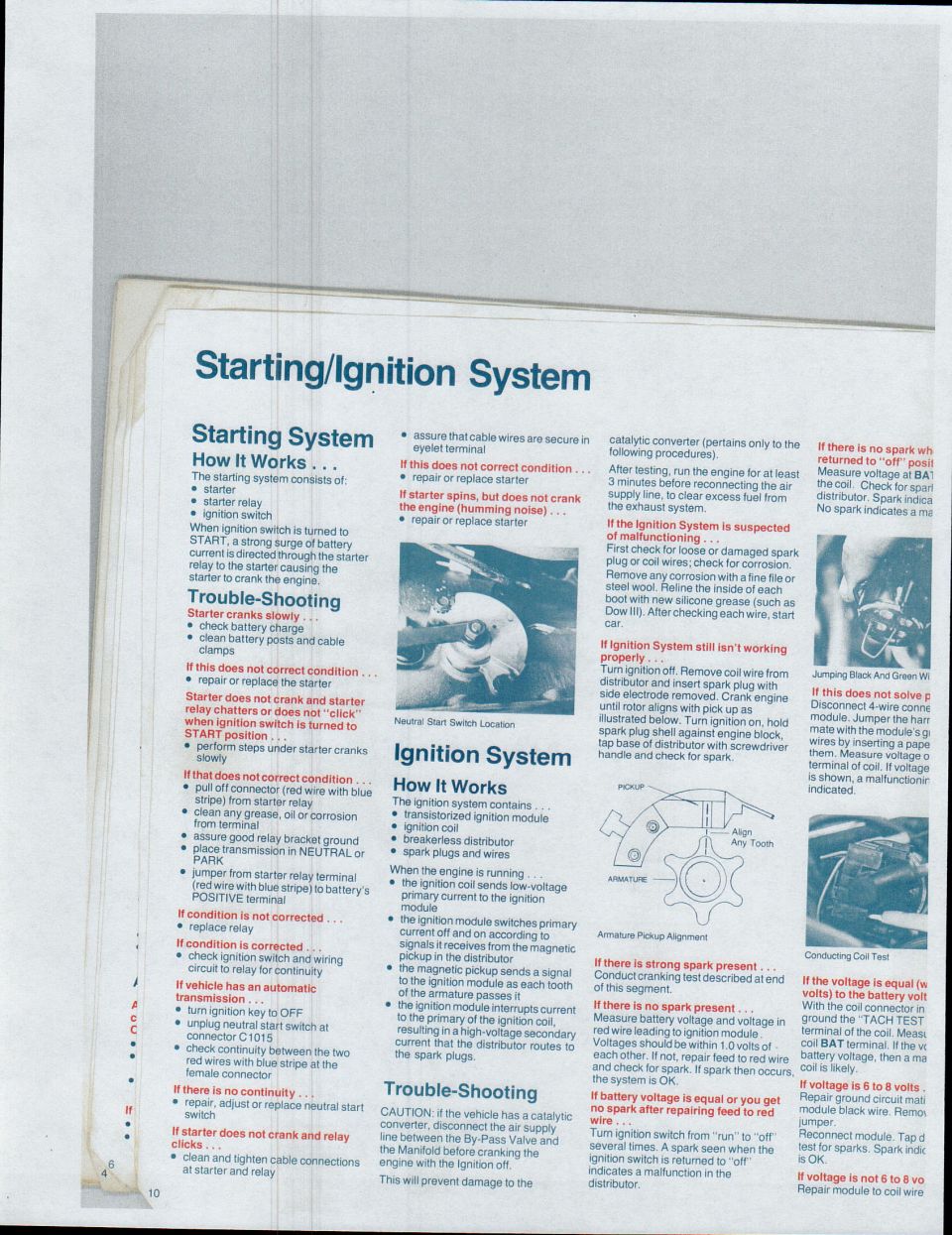 Starting and Ignition System troubleshooting page: starter relay, ignition module diagnosis