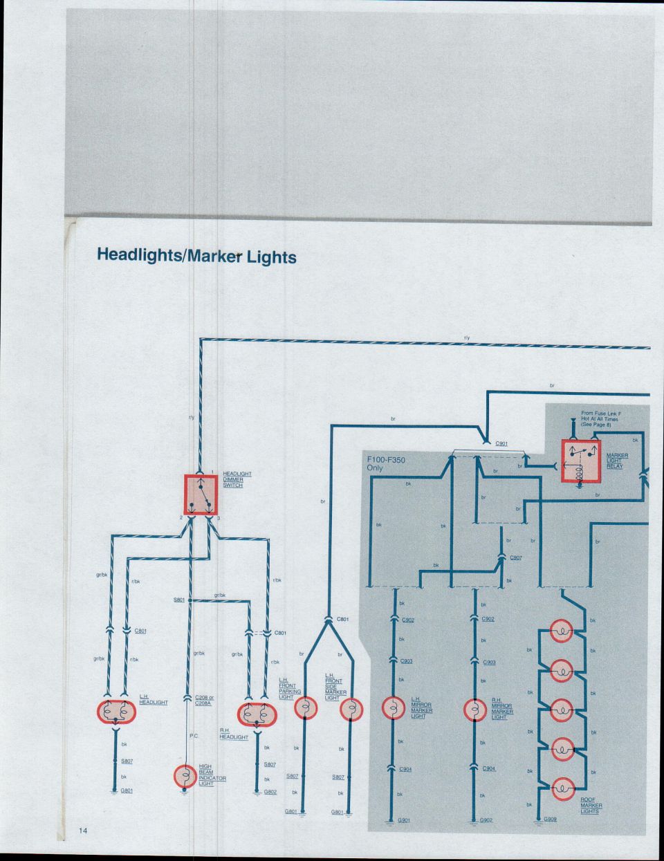 Headlights and marker lights wiring diagram with connectors and circuit paths