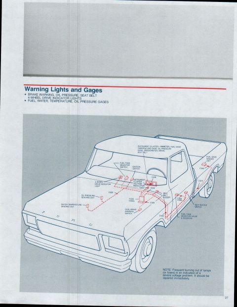 1979 Ford Bronco - This diagram illustrates the electrical system for warning lights and gauges in a pickup truck.