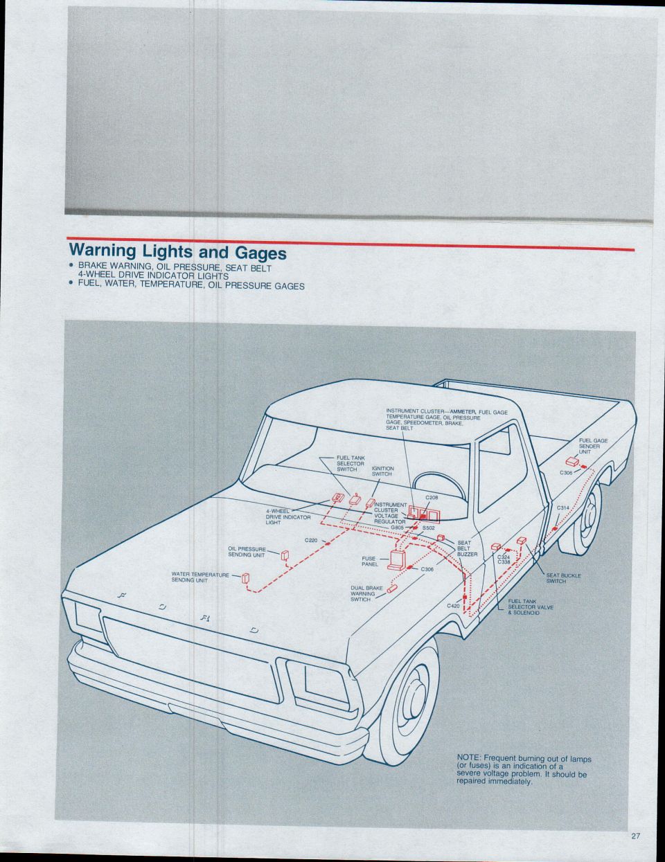 Ford pickup warning lights and gages component location illustration
