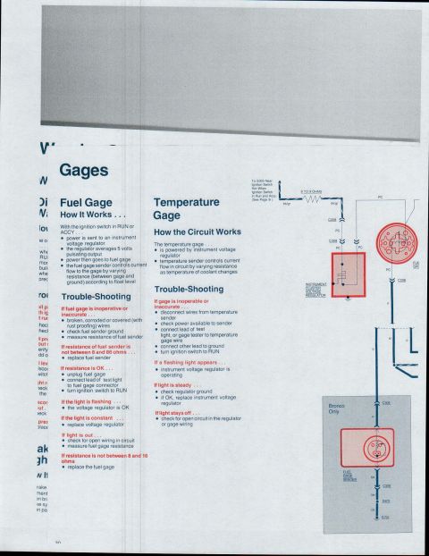 1979 Ford Bronco - Diagram details fuel and temperature gauge circuits and troubleshooting for a Bronco.