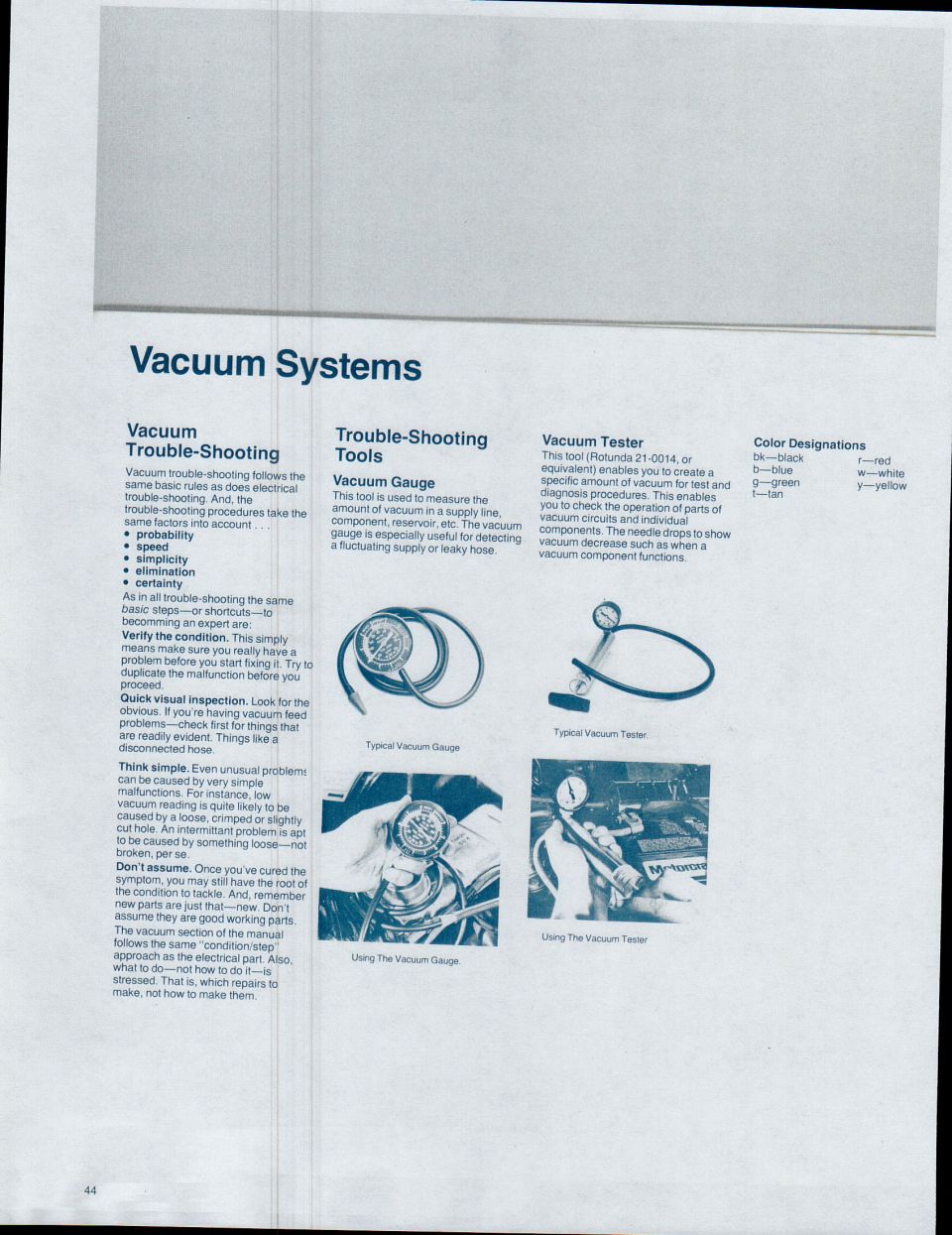 Ford vacuum systems troubleshooting page with vacuum gauge and tester tool usage
