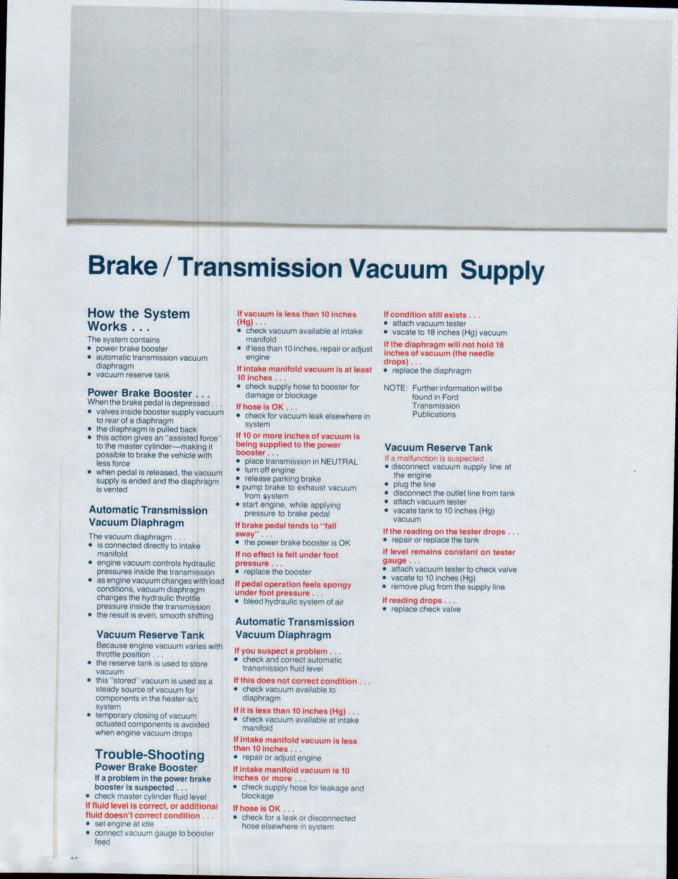 Brake / Transmission Vacuum Supply system operation and trouble-shooting page, Ford manual