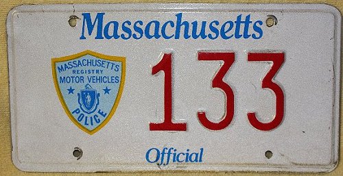 Massachusetts Official license plate number 133 with RMV Police seal