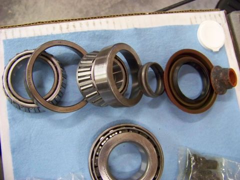 1999 Mercury Grand Marquis - Differential bearings and seal components are arranged on a blue cloth for a rebuild.
