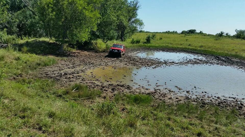 Red SUV stuck in mud near a pond, trees and grassy field in background
