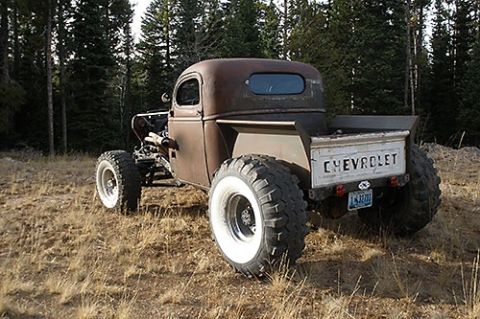 1986 Ford Bronco - This custom Chevrolet truck features a weathered body and massive off-road tires, giving it a unique, appearance.