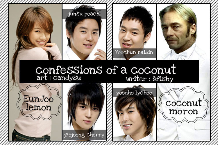 Collage of portraits with text labels and a central title 'Confessions of a Coconut'