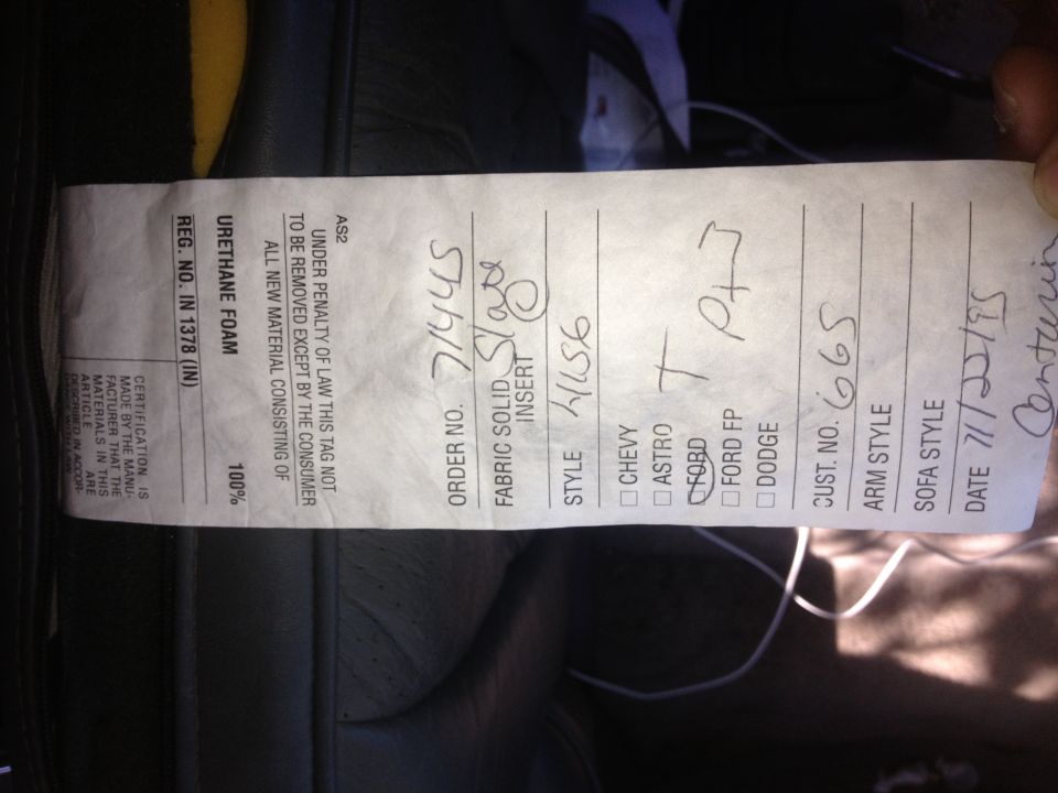 Upholstery tag with handwritten order number 7/1445, style 4/156, and date 7/11/95. Ford is checked