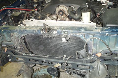 1998 Ford Crown Victoria - Front end damage on a 1998 Ford Crown Victoria, radiator removed for repair.