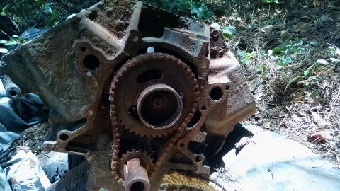 1978 Ford Bronco - Close-up of a heavily rusted engine block, showing the timing chain and gears.