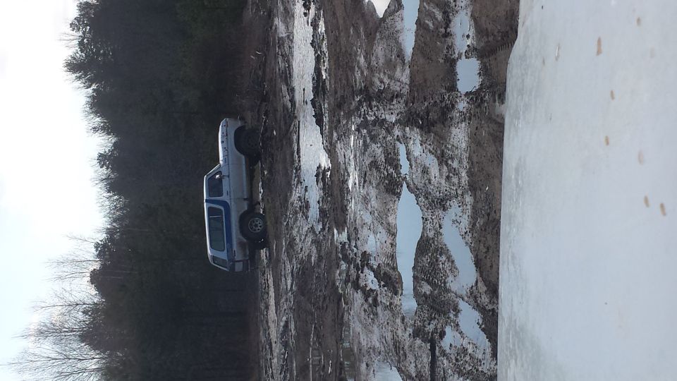 1978 Ford Bronco stuck in mud, side view. Trees and puddles surround the vehicle