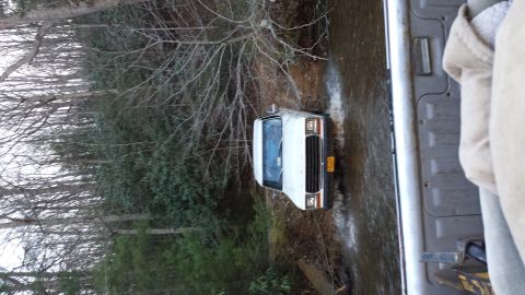 1979 Ford Bronco - A white 1978 Ford Bronco navigates a stream in a forest, viewed from the bed of another vehicle.