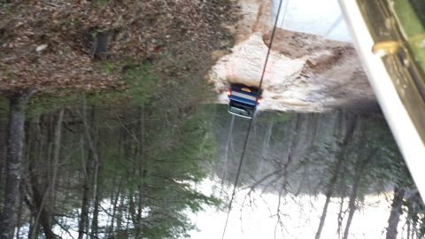 1979 Ford Bronco - A blue SUV is parked on a dirt road surrounded by trees.