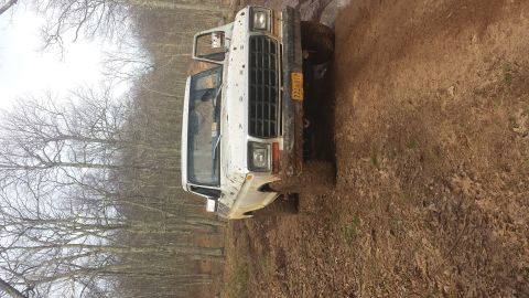 1979 Ford Bronco - White 1979 Ford Bronco navigating a muddy off-road trail with trees in the background.
