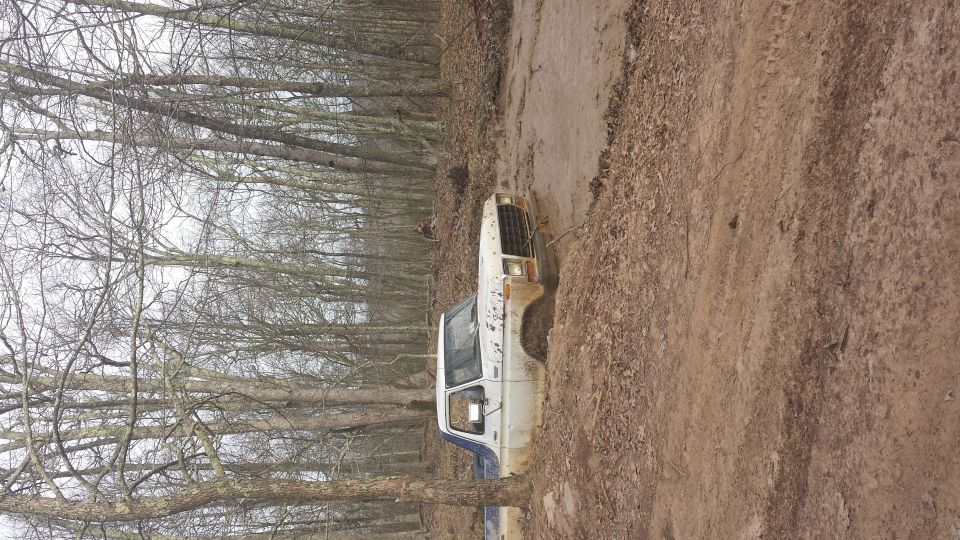 White pickup truck stuck in a muddy ditch with trees on the side