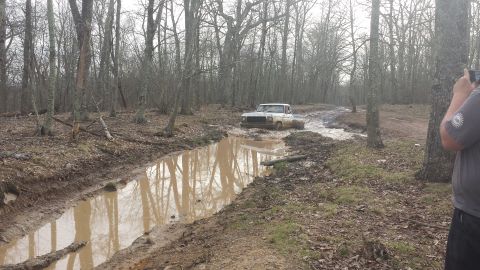 1979 Ford Bronco - A 1979 Ford Bronco navigates a challenging muddy path in a wooded area.