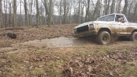 1979 Ford Bronco - This 1979 Ford Bronco navigates a muddy trail in a wooded area.