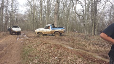 1979 Ford Bronco - Two trucks navigate a muddy trail through a forest with bare trees.