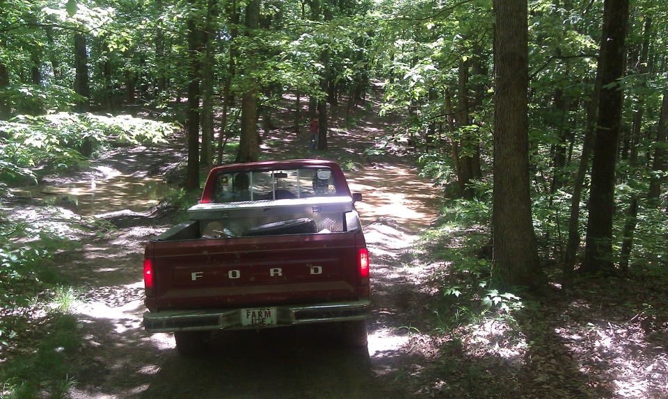 Red pickup truck with 'FORD' on tailgate driving on a muddy forest road