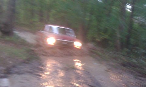 1979 Ford Bronco - A red SUV navigates a muddy path in a wooded area.