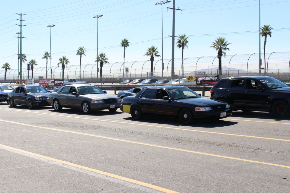 Row of dark Ford sedans with number decals parked in a track lot