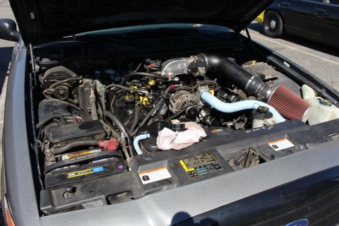 2003 Ford Crown Victoria - close view of a Ford engine bay with a red cone air filter, black intake piping, alternator and a rag draped over the components.