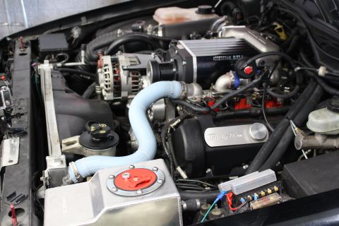 2003 Ford Crown Victoria - Kenne Bell supercharger tops this engine bay alongside an alternator, light-blue coolant hose and red-capped tank.