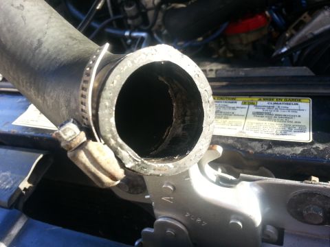 1994 Ford Bronco - A worn engine hose shows signs of damage, with a caution sticker on the hood in the background.