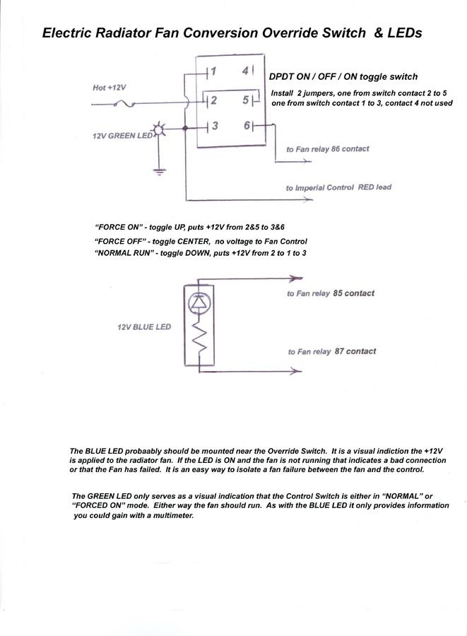 A diagram showing how to use a standard DPDT toggle switch in order to have 3 function control.