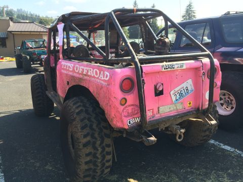 1989 Ford Bronco - A pink off-road Jeep with a roll cage and large tires is parked next to another vehicle.