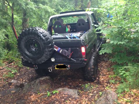 1979 Ford Bronco - This modified SUV is navigating a challenging off-road course with dense foliage surrounding it.