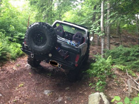 1979 Ford Bronco - This black SUV is navigating a wooded trail, a large spare tire mounted on the rear.