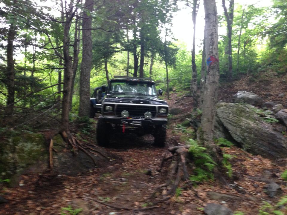 Black Ford Bronco with winch on front bumper driving on a dirt trail through woods