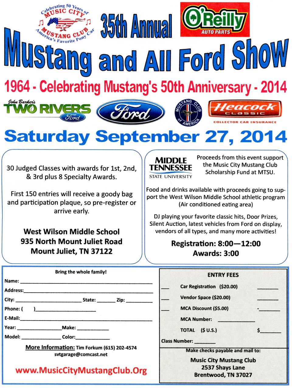 Music City Mustang Club 35th Annual Mustang and All Ford Show flyer and registration form