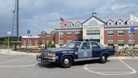 1991 Ford LTD Crown Victoria - Rhode Island State Police car, a 1991 Ford Crown Victoria, parked outside the Public Safety Complex.