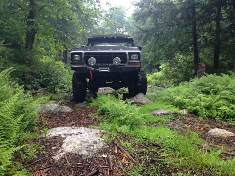 1979 Ford Bronco - This lifted 1979 Ford Bronco navigates a challenging off-road path through a lush, green forest.