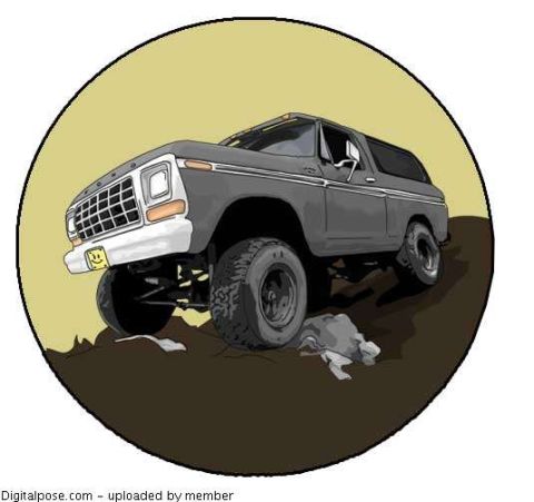 1979 Ford Bronco - Circular cartoon illustration of a lifted gray late-1970s Ford Bronco with a white grille and removable hardtop, flexing over rocks on over…
