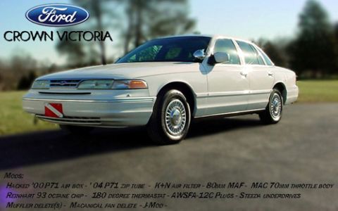1999 Mercury Grand Marquis - White 1999 Ford Crown Victoria sedan with aftermarket modifications listed.