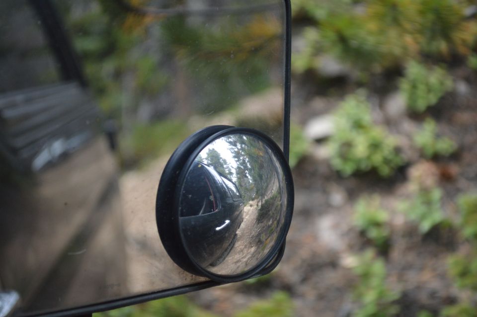 Side mirror reflection shows a dirt road winding through trees