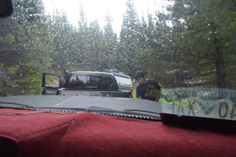 1983 Ford Bronco - Two trucks are parked off-road in a forest with people nearby, possibly during a break from driving.