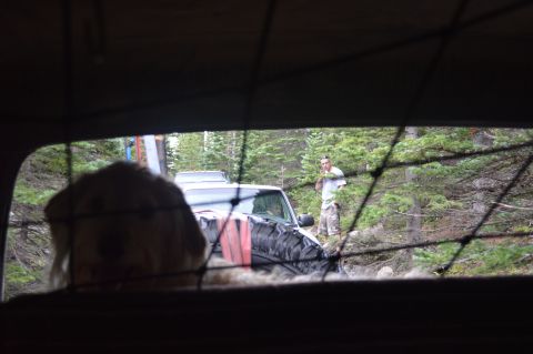 1983 Ford Bronco - Two off-road vehicles are seen in a forest setting, with a person standing by one of them.
